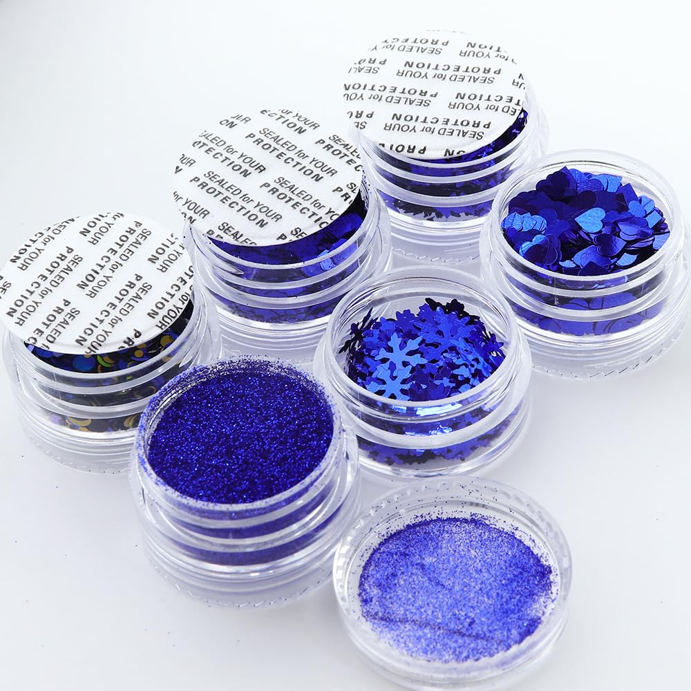 Christmas Nail Art Glitters Blue Nail Sequins, 6 Grids Winter Nail Glitter Sequins Mixed Snowflake Butterfly Heart Nail Glitter Flakes DIY Christmas Nail Art Decoration Accessories for Women Girls
