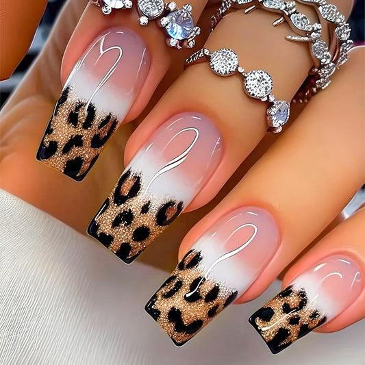 Leopard Print French Tip Press on Nails Long Square Nude Gradient Gold Glossy Fake Nails with Glue Coffin Shape Glitter Acrylic Nails for Women Manicure Decoration 24PCS Reusable False Nails