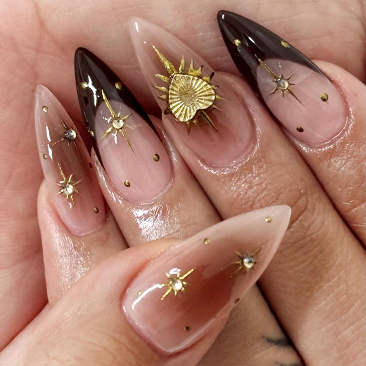 octoswave Medium Almond Press on Nails French Tip Fake Nails Artificial Nail Black with Love Stick on Nail for Women 24pcs
