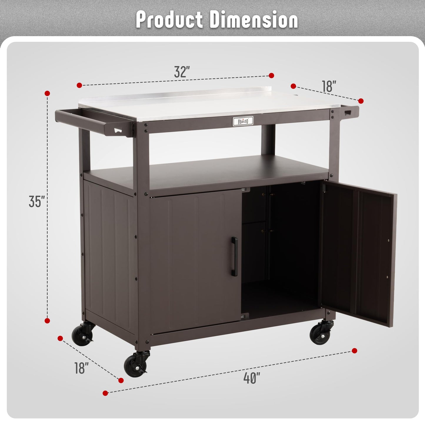 Outdoor Grill Cart with Stainless Steel Tabletop and Storage Cabinet, Movable Kitchen Island with Wheels for BBQ Food Prep, Brown