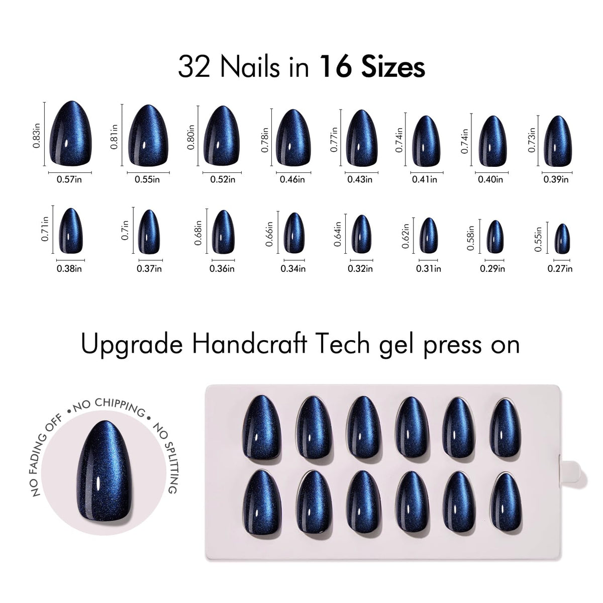 VSALON Short Almond Press on Nails - Blue Cat Eye Velvet Fake Nails for Women - Opaque Reusable Salon Quality Summer Shimmer Glue on Nails with Adhesive - 32 PCS in 16 Sizes