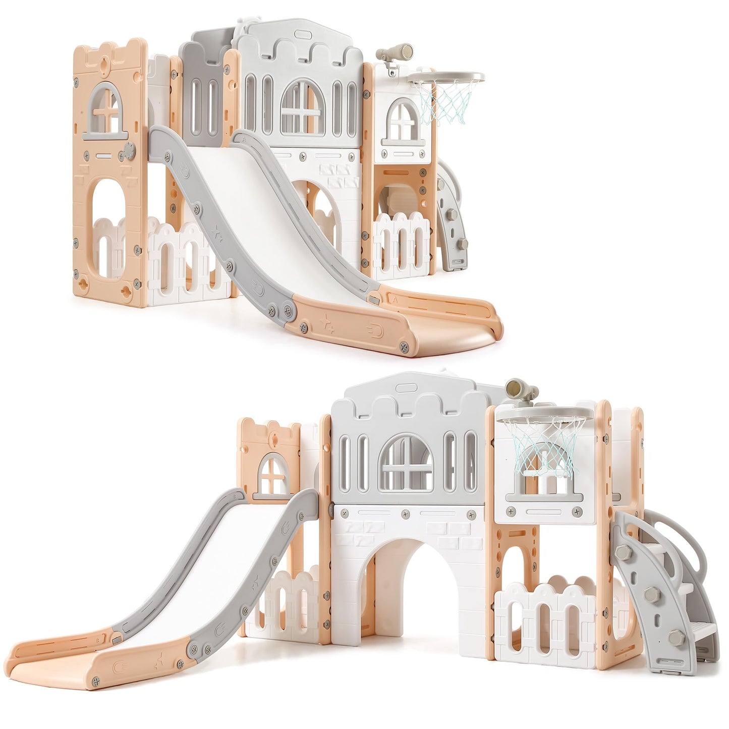 Toddler Slide 8 in 1 Toddler Playset for Toddlers Age 1-3, Baby Playset for Indoor Outdoor Playground with Climber, Crawling Tunnel, Basketball Hoop, Telescope, Toy Storage