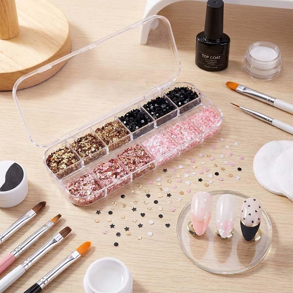 1 Box 4 Color Holographic Hearts Nail Glitter Round Star Nail Sequins 3D Pink Gold Nail Flakes Sparkly Glitter Flakes Shiny Nail Glitter Valentine's Day Nail Sequins Glitter for Nails Art 12 Grids