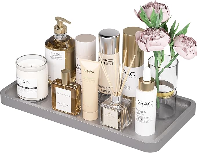 Weenson Bathroom Vanity Tray for Perfume Makeup Jewelry Decor Candle, Bamboo Kitchen Tray for Soap Dispenser Spice, Coffee, Toilet Tank Tray Nightstand Silver 11.81âL x 6.1âW x 0.79âH