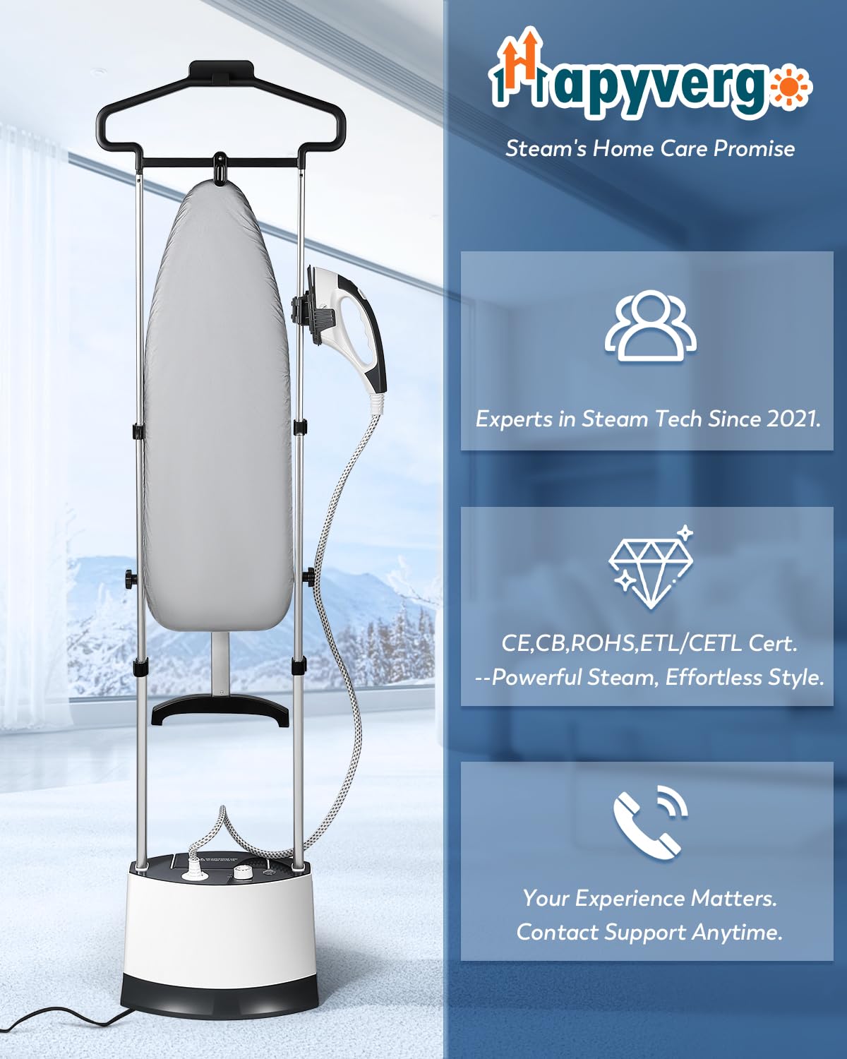Hapyvergo Standing Garment Steamer, 1500W Upgraded Steamer for Clothes Rapid Heats in 25s for 1 Hour Steam, 1.6L Water Tank, Self-Cleaning, Dual-Protection Tech, Ironing Board, Hanger, Gloves