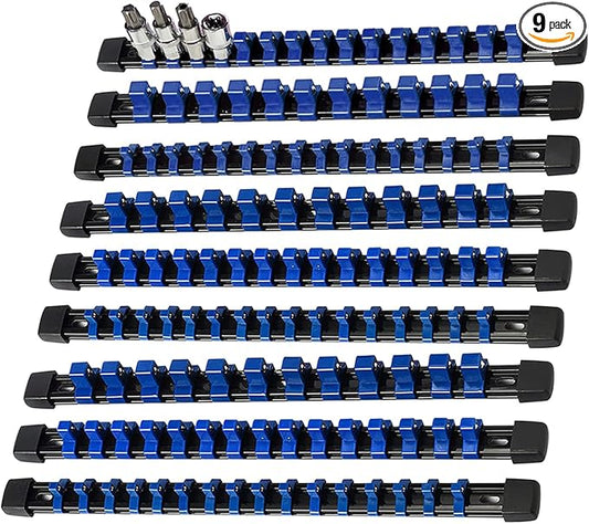 AMM 9-Piece Socket Organizer, 1/2 inch, 3/8 inch and 1/4 inch Drive ABS Tools-Blue Socket Holder,Heavy Duty Socket Racks, Premium Quality Socket Clip Rail Holder,The best tool trays in the garage