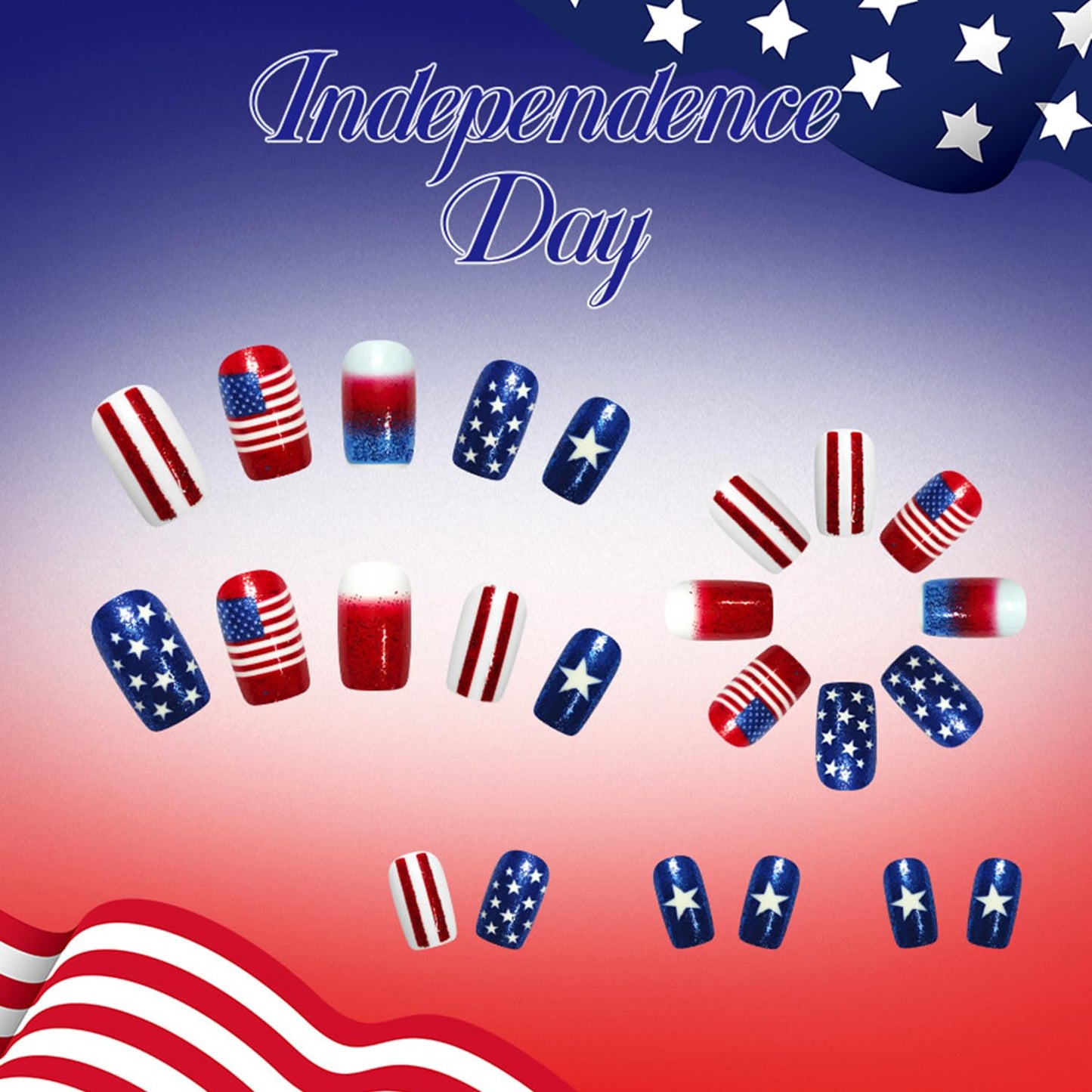 French Independence Day Press on Nails Medium Square Fake Nails Gradient US Flag Lines Stars Glitter 4th of July Stick on Nail Patriotism Glue on Artificial Fingernails for Women Festival Manicure