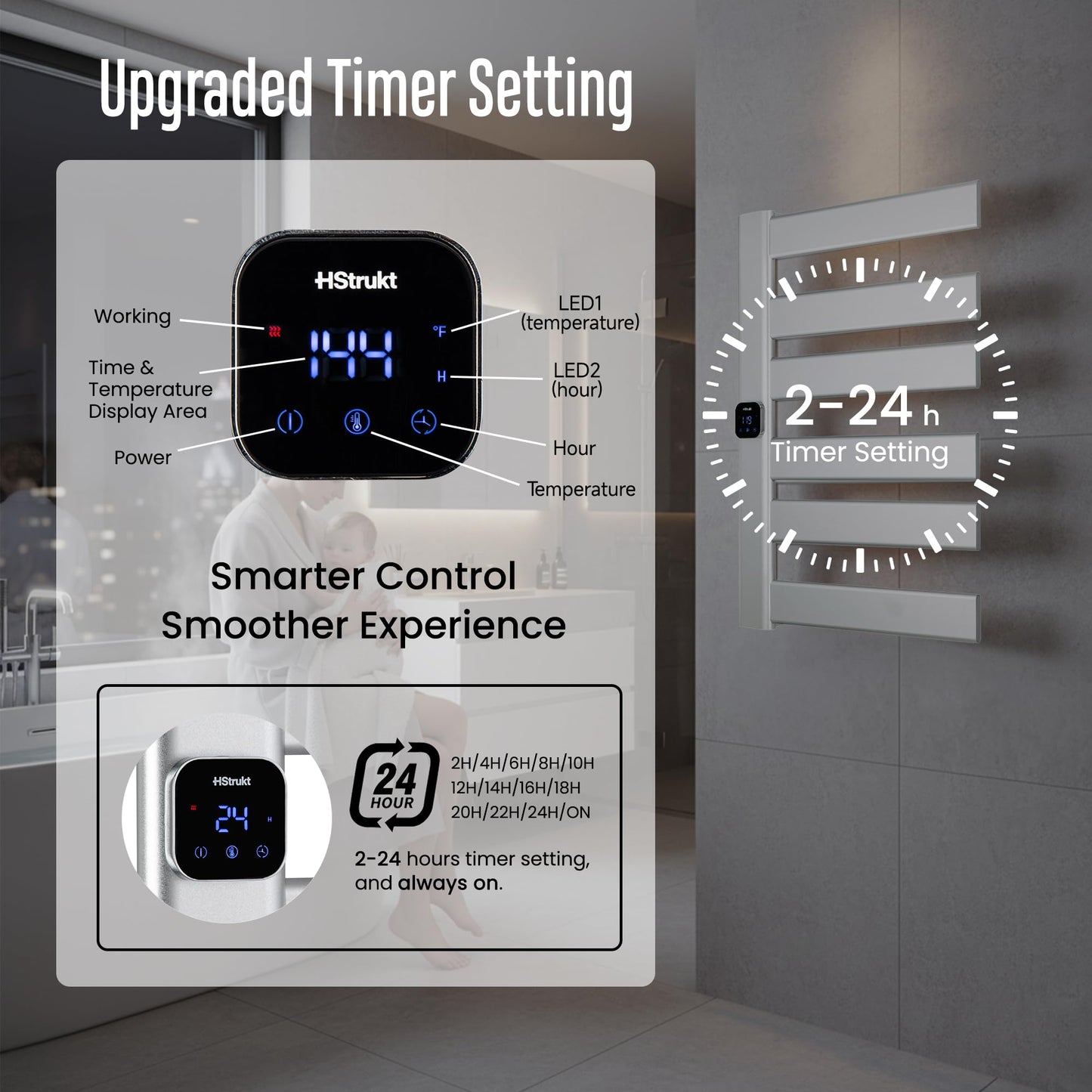 HStrukt Towel Warmer, Heated Towel Rack with Built-in Timer and Temperature Control,Hard-Wired(Left-Wiring)/Plug-in Wall-Mounted Towel Rail, Aluminum, 18.8" W X 25.6" H, Silver