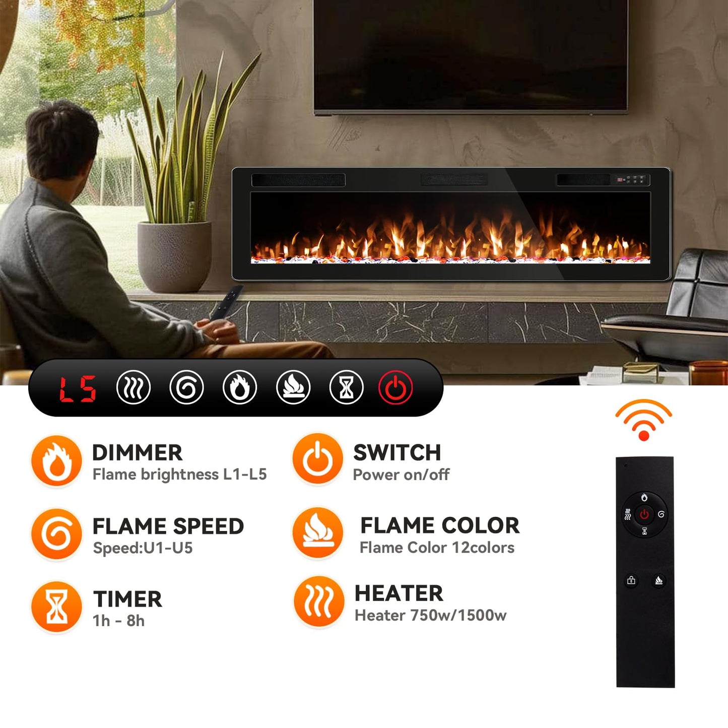 Tornivk 72 Inch Electric Fireplace Inserts Ultra-Thin 750/1500W Linear Electric Fireplace Heater Wall Mounted or Recessed Fireplace Electric with Adjustable Multicolor Flame,Timer