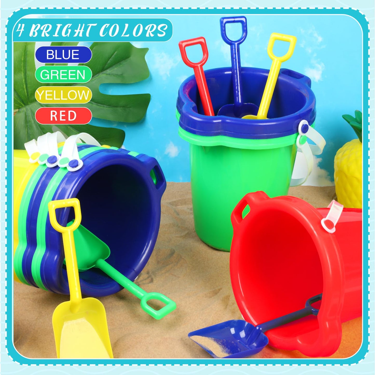 Didaey 7.5 Inch Beach Buckets and Shovels Plastic Sand Pails Castle Building Sand Shovel for Boys and Girls Summer Beach Toys Party Favors(24 Set)