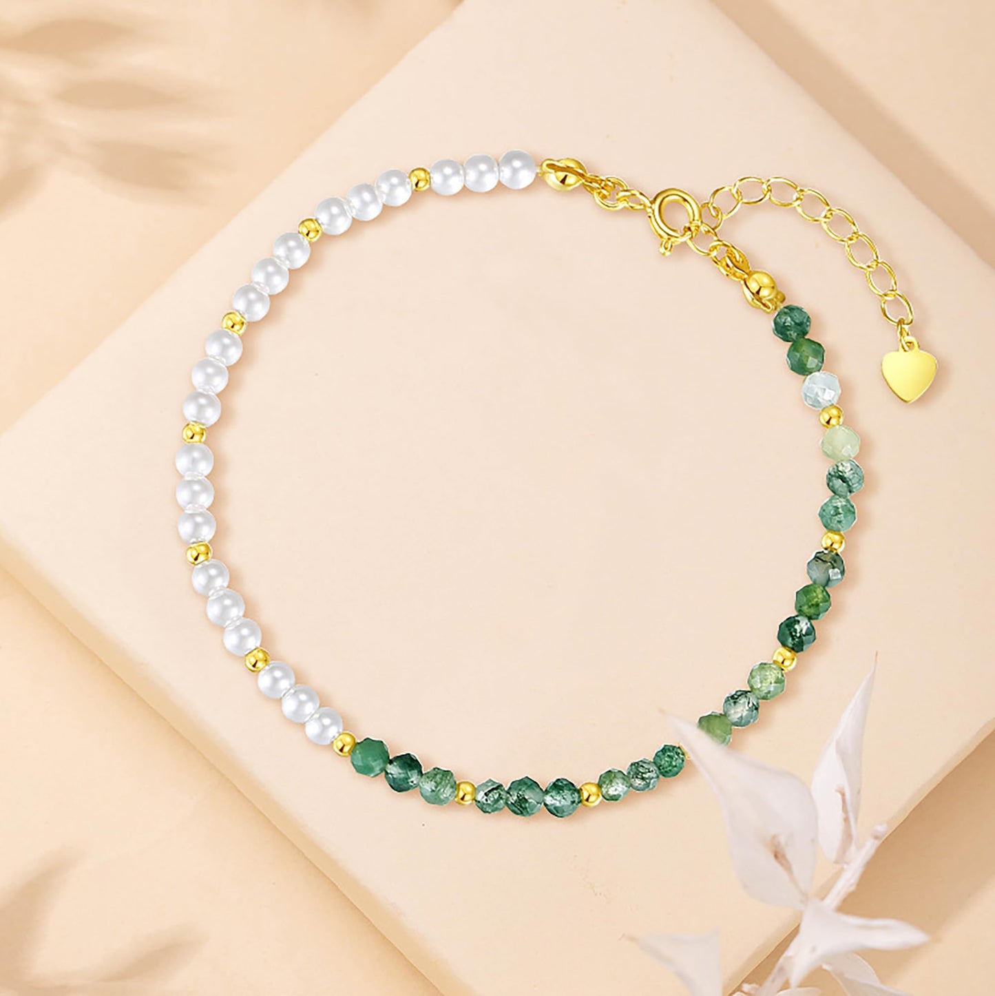 IPEPPY 925 Sterling Silver Pearl Bracelets for Women Gold Natural Moss Agate Green Gemstone Bead Crystal Healing Bracelet Yoga Meditation Chakra Emerald Stone Bracelet Jewelry Gifts for Mom (Gold)