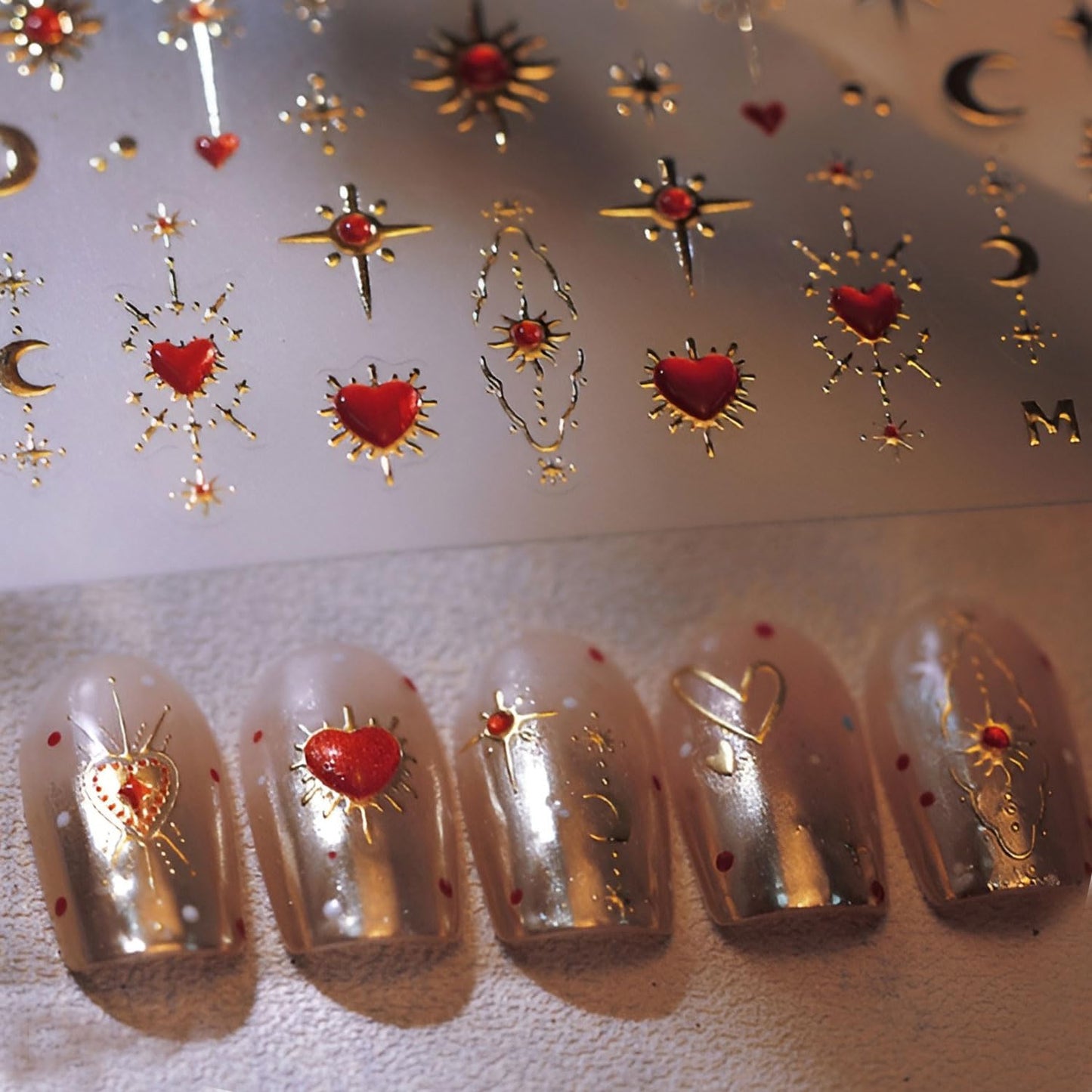 Valentine’s Day Nail Stickers Heart Nail Art Sticker 5D Embossed Self-Adhesive Nail Decals for Nail Art Gold Star & Moon Nail Designs Decals for Women Manicure Decorations