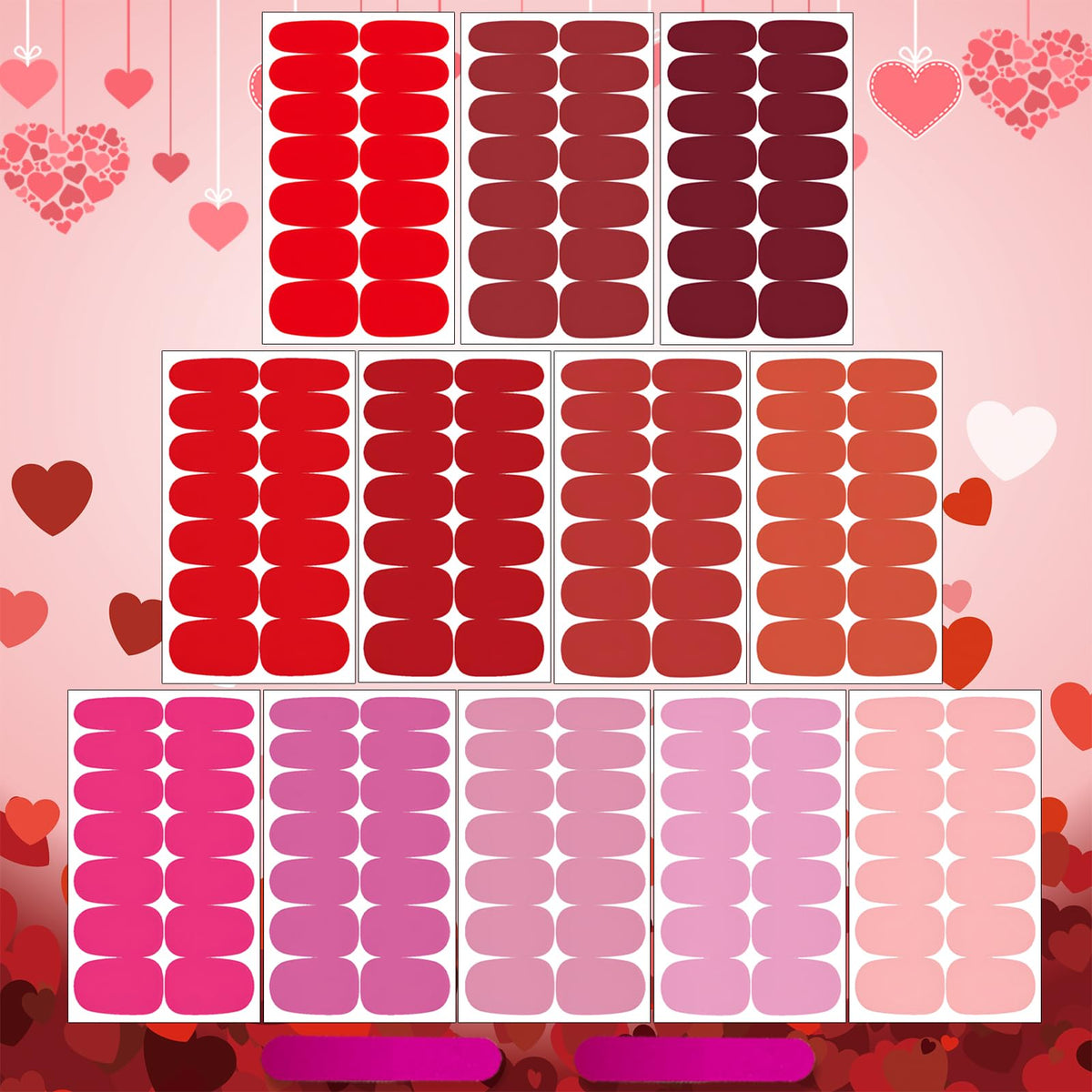 winthrop 12 Sheets Red Pink Series Solid Color Nail Wraps Full Stickers Nail Polish Strips, Valentine's Day DIY Self-Adhesive Women Nail Art Party Decor with 2 Pcs Nail Files (168 Pieces)