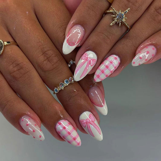 Pink Press on Nails - Medium Almond Fake Nails with Bow | Polka Dot | Checkered Designs False Nails White French Tip Glue on Nails Reusable Full Cover Stick on Nails for Women Manicure 24Pcs