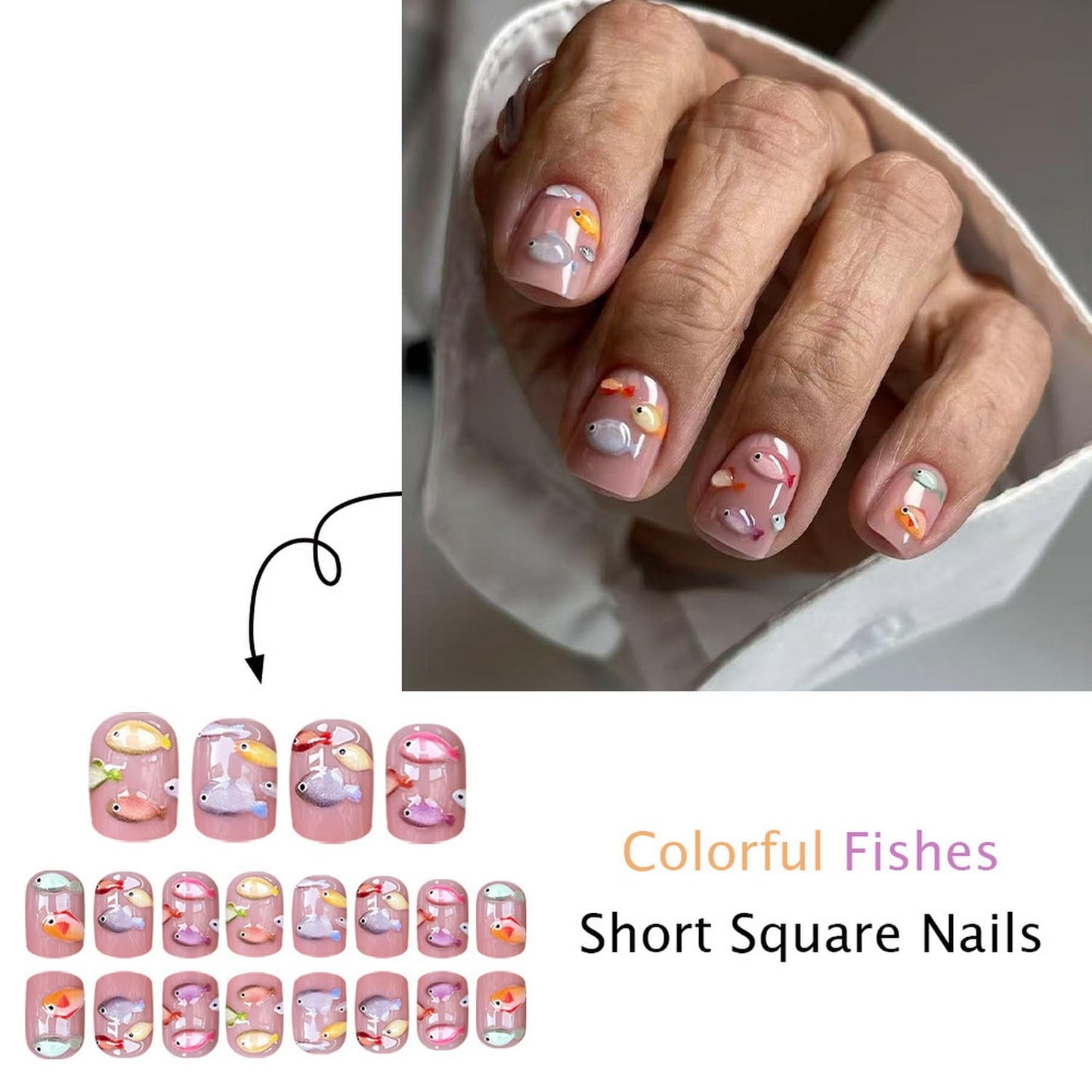 3D Press on Nail Short Square Fake Nails with Colorful Fish designs Stick on Nail Glossy Full Cover Nude Pink Press ones Summer Glue on Nails for Women Beach False Nails 24pcs
