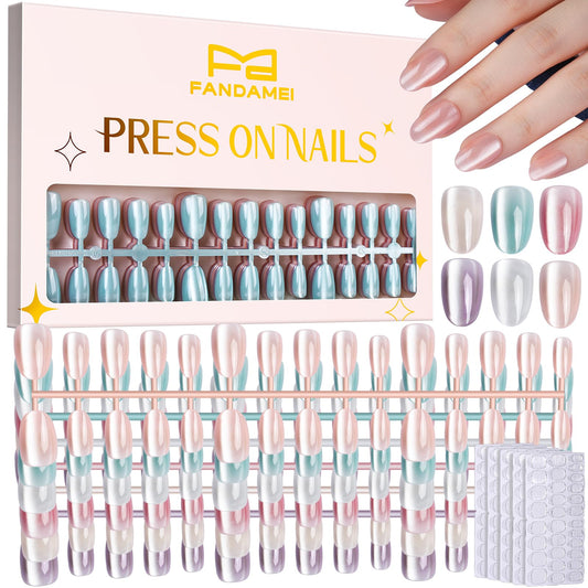 FANDAMEI 6 Colors Press On Nails Short Almond, Cat Eye Nails Short Oval, Natural Fake Nails in Nude, Glossy Cat Eye Press Ons for Women with Nail Adhesive Tabs, Press on Nails Kit