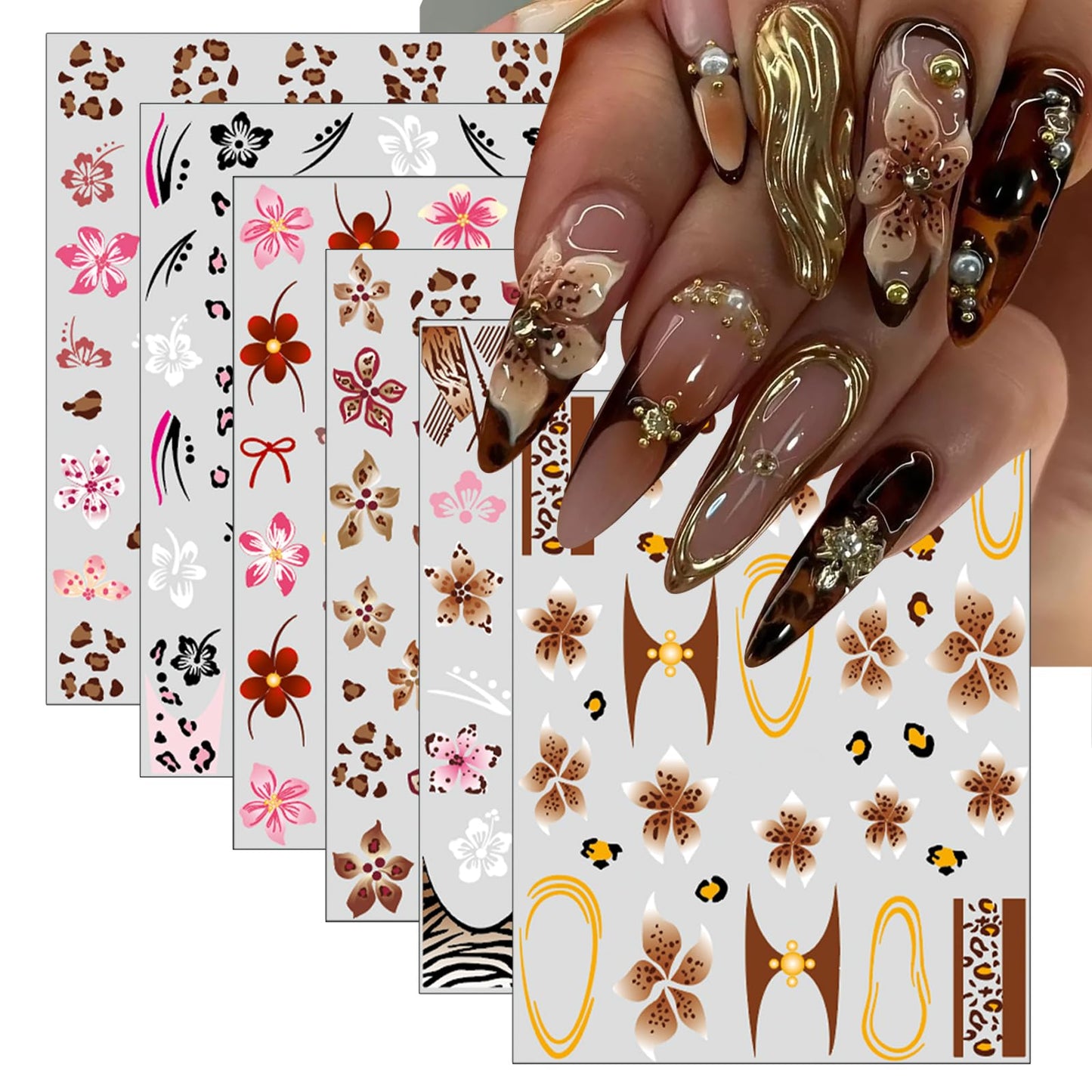 Leopard Print Hibiscus Flowers Nail Art Stickers Embossed Jelly Design Hawaiian Floral Nail Art Supplies Cute French Cheetah Print Nail Art Accessories for Women Manicure Decorations 6 Sheets