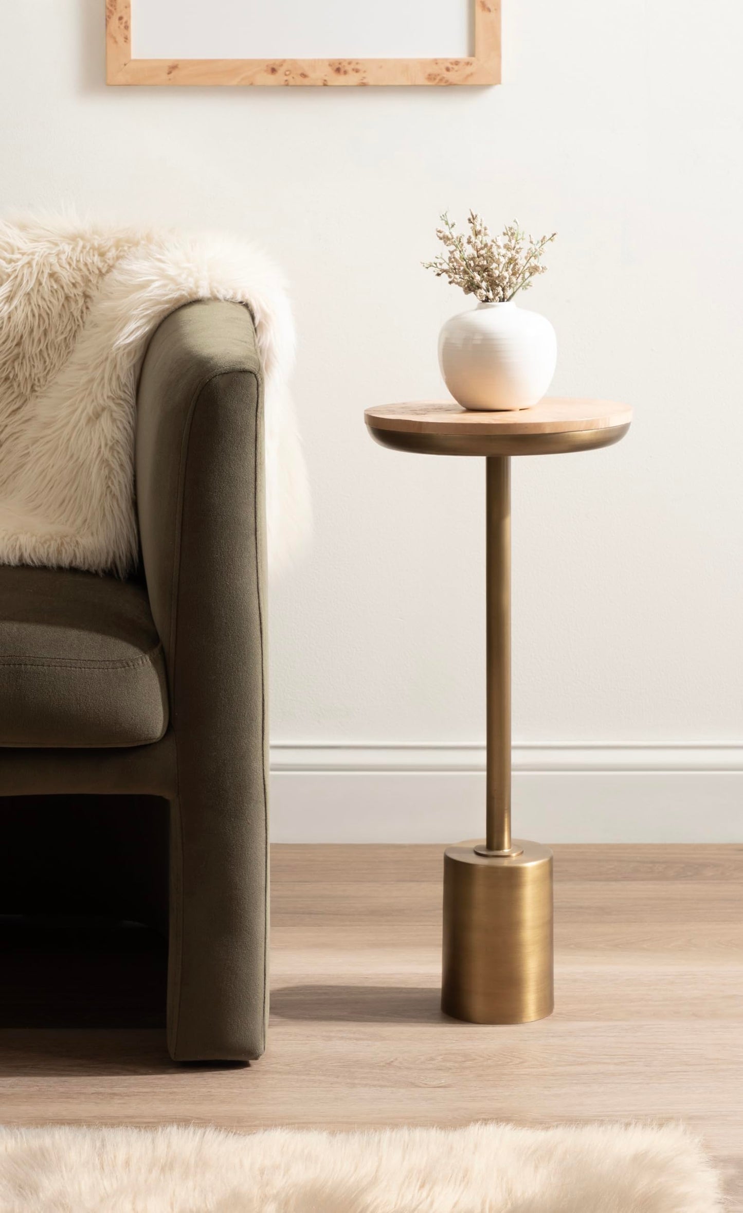 Kate and Laurel Xyler Modern Round Wood and Metal Drink Table, 10 x 10 x 24, Burlwood and Antique Brass, Transitional Pedestal Table for Use as Indoor Plant Stand or Living Room Decor Accent