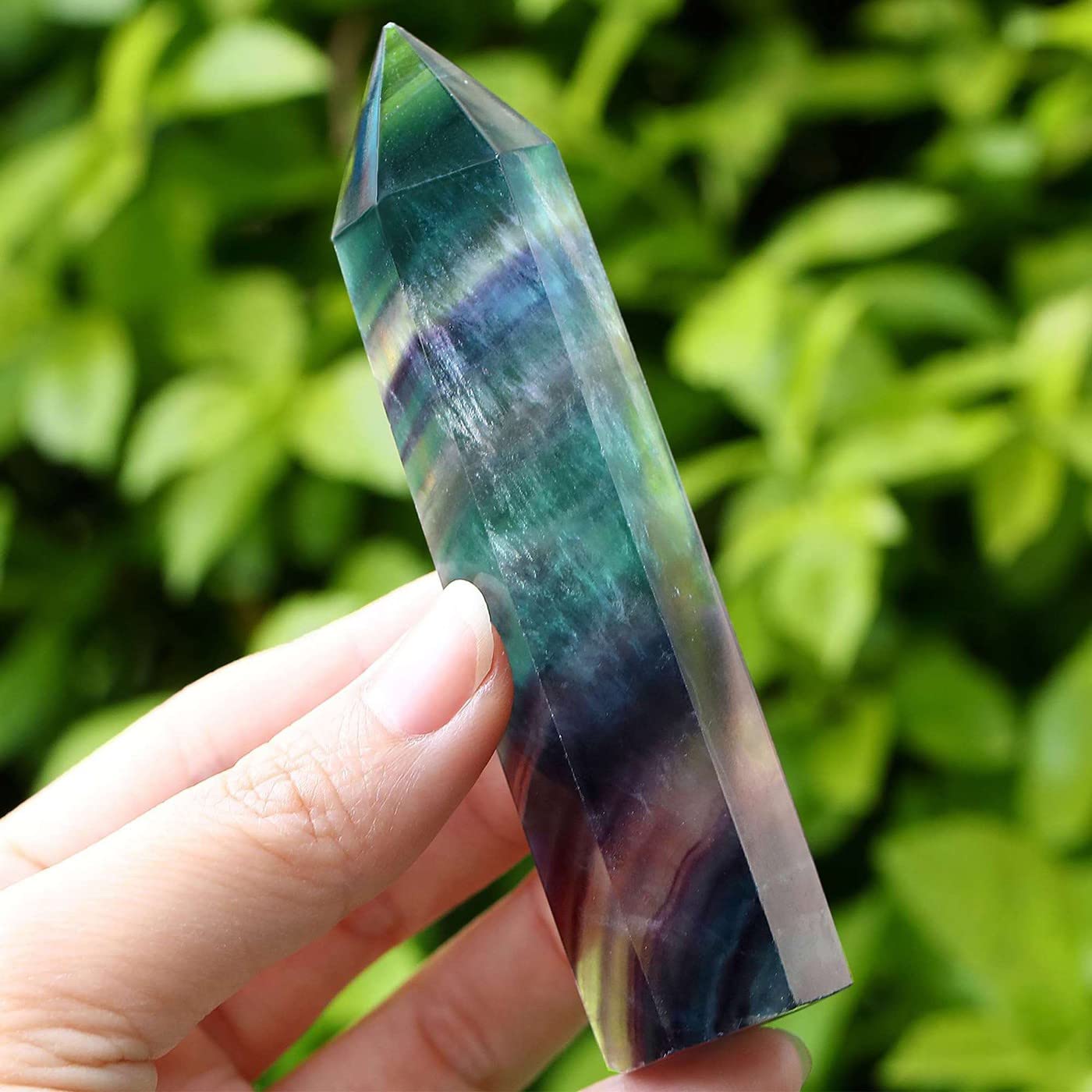 LAIDANLA Fluorite Healing Crystals Wands 3.5-4" Polishing Natural Reiki Energy Wand Stone Hexagonal Point Obelisk Large Crystal Gemstones for Meditation Therapy Crystal Grid Gifts Decoration 1Pcs
