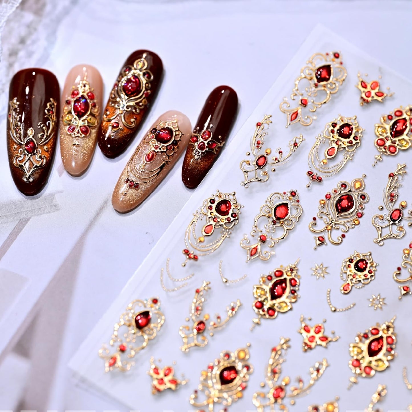 5D Embossed Red Gemstone Nail Art Stickers Gold Nail Stickers Gold Red Baroque Nail Decals for Nail Art Gem Nail Design Nail Supplies for Women Girls DIY Manicure Decoration
