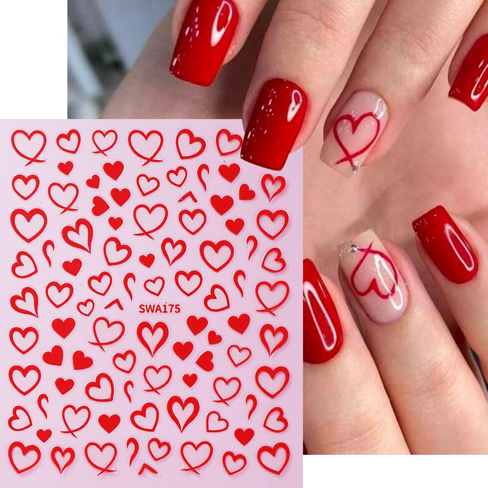 Heart Nail Art Stickers Valentine's Day Nail Decals 6PCS Empty Love Heart 3D Self-Adhesive Valentine Nail Art Decorations Supplies Red Silver Gold Heart Stickers for Nails Women Manicure Design
