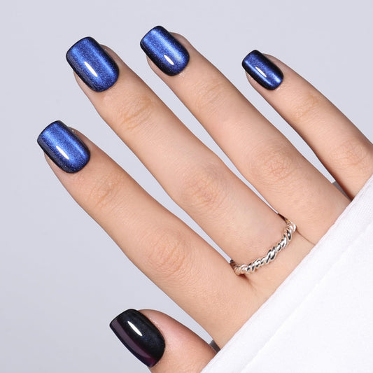 Blue Cat Eye Press On Nails Square - Short Square Fake Nails with Nail Glue, Dark Blue Cateye Press On Nails Reusable Stick On Nails in 15 Sizes 30 Nail Kit for Women & Girls | Salon Quality
