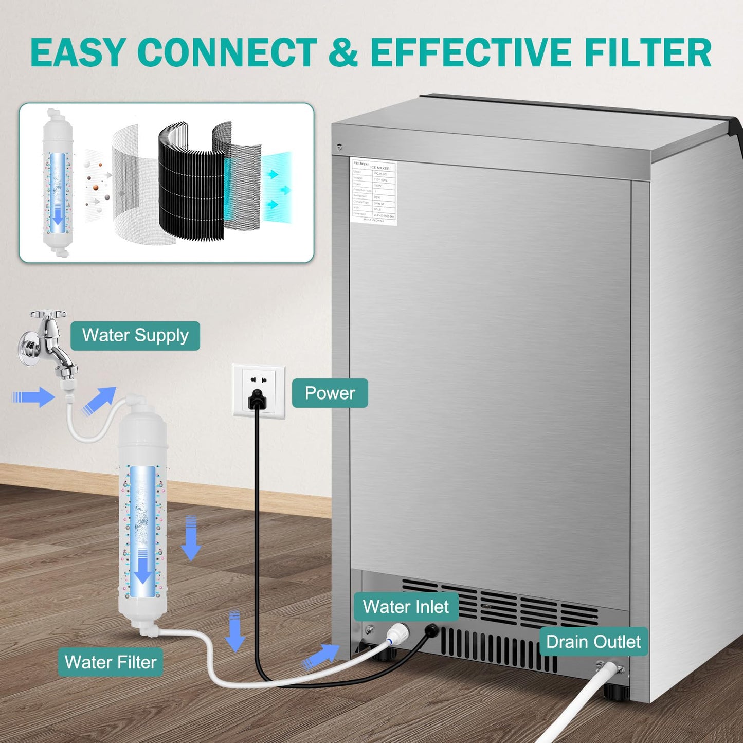 Commercial Ice Maker Machine, 150Lbs/24H with 45Lbs Large Ice Capacity, 55Pcs Clear Ice Cubes Ready in 8-15Mins, Freestanding Stainless Steel Ice Making Machine for Home Party Bar