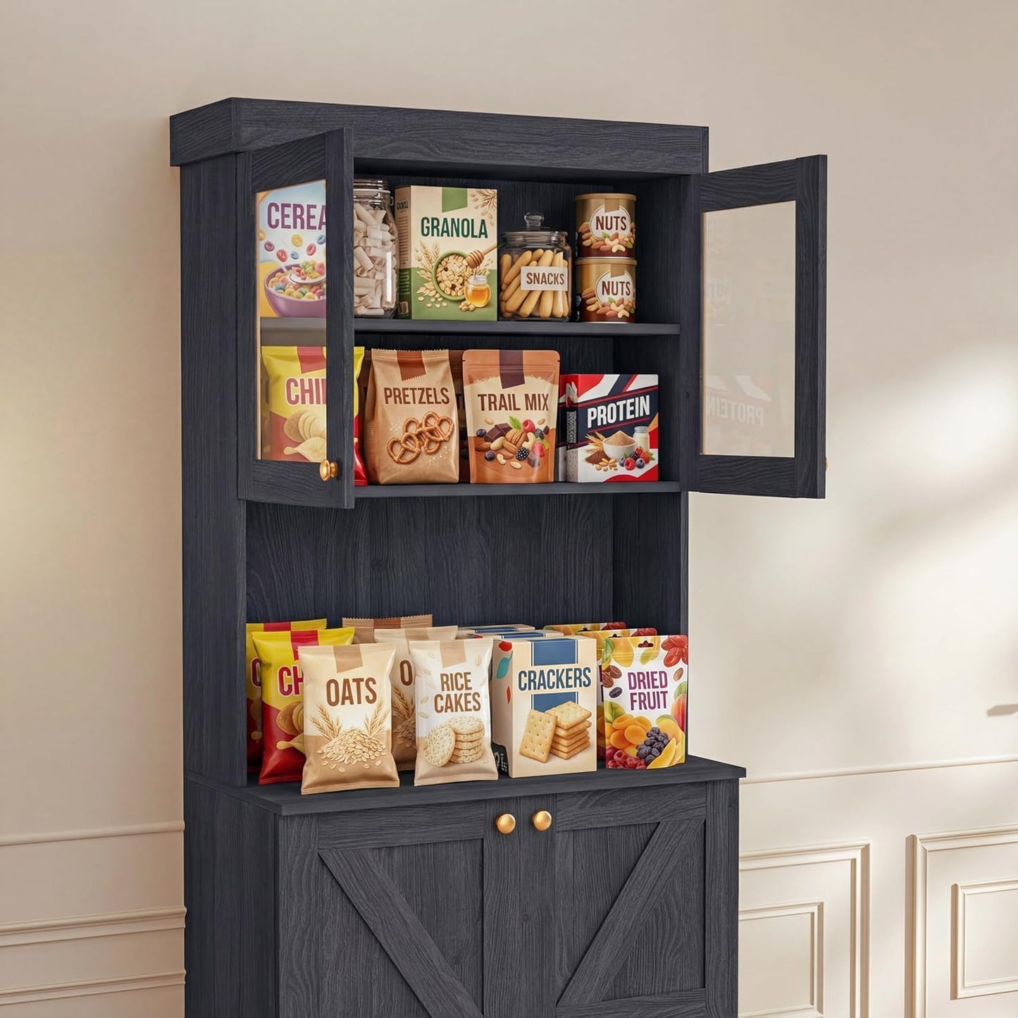 Vyre 71" Farmhouse Pantry Cabinet Set of 3, Large Storage Hutch with Glass Doors, Drawers and Adjustable Shelves, Freestanding Coffee Bar with Microwave Stand for Kitchen or Living Room, Black