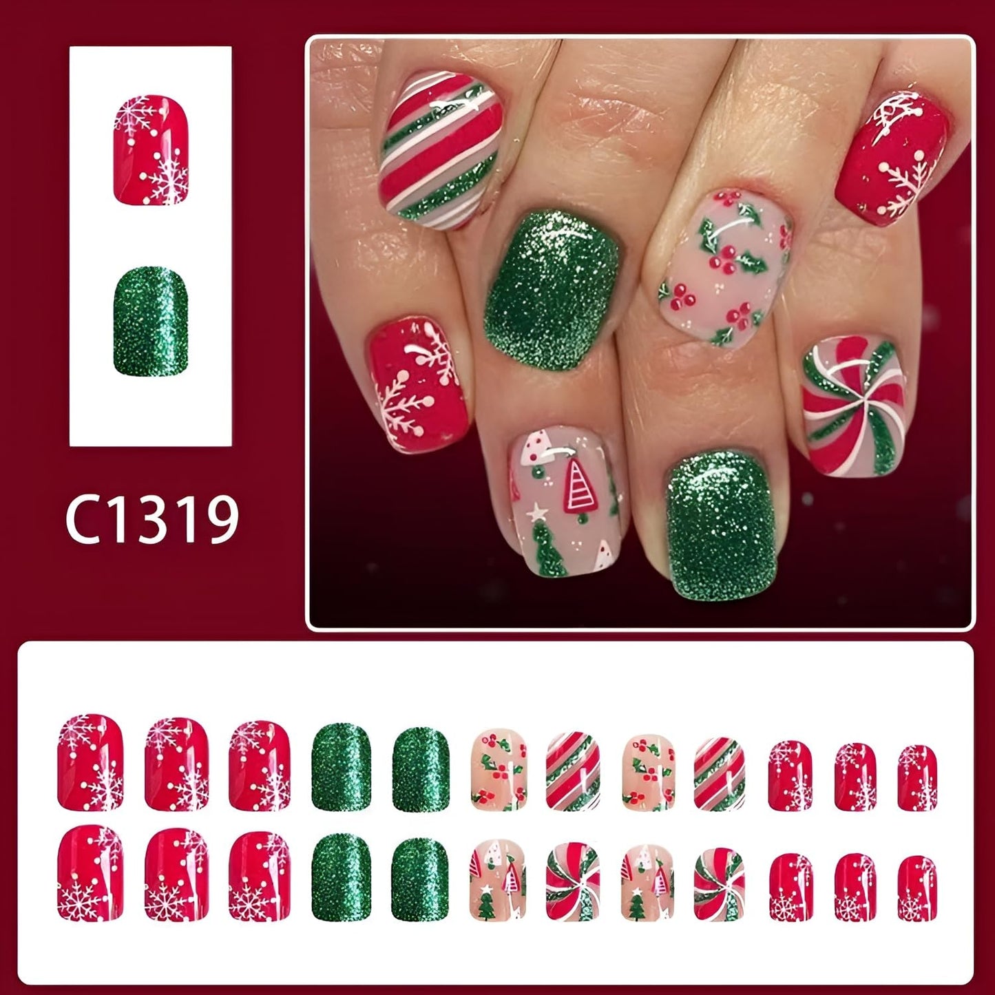 Christmas Press on Nails Short Green Red Fake Nails with Snowflake Design Holiday Nails Press ons Christmas Tree Glue on Nail Glitter Stick on Nail Christmas False Nail for Women Girls 24Pcs