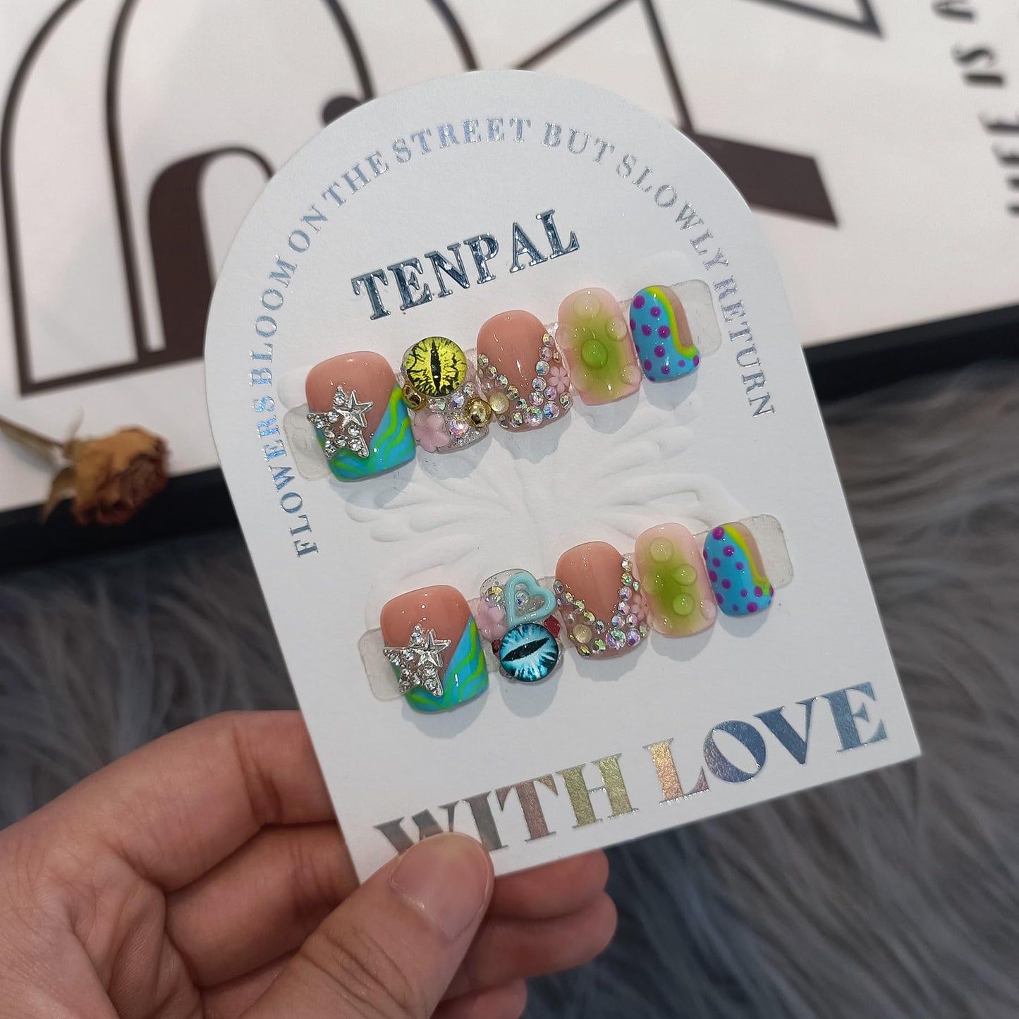 TENPAL V-Shape French Tips Square Nails,Acrylic Press on Nails with 10pcs Kit,Sweet Edgy Y2K Hand-Painted Art False Nails,Neon Yellow-Green Fake Nails with 3D Stars, Hearts, Rhinestones Flowers(L)