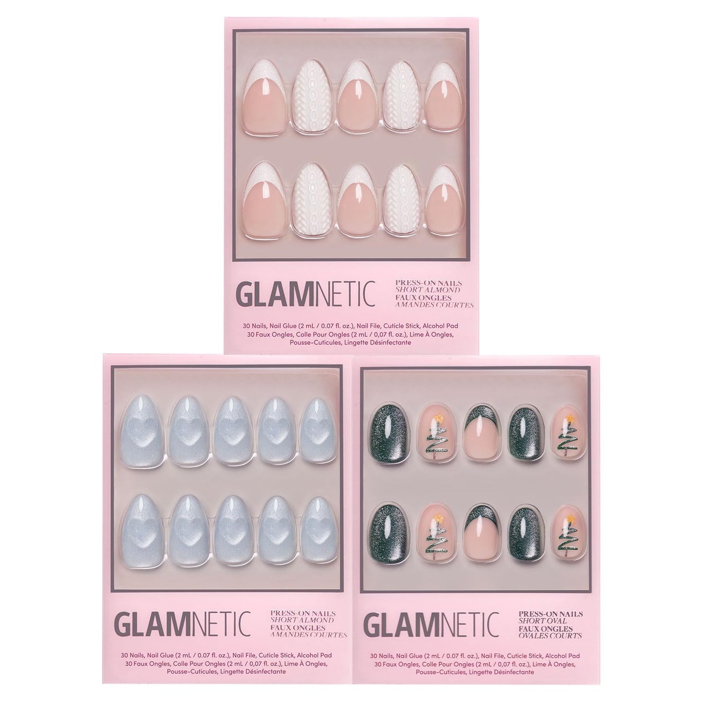 Glamnetic Press-On Nails Bundle - Sweater Weather, Cold Hearted & Velvet Pine | Short Almond Fake Nails with White Glitter French Tips & 3D Designs | Short Almond Fake Nails with Heart Accent and Pale