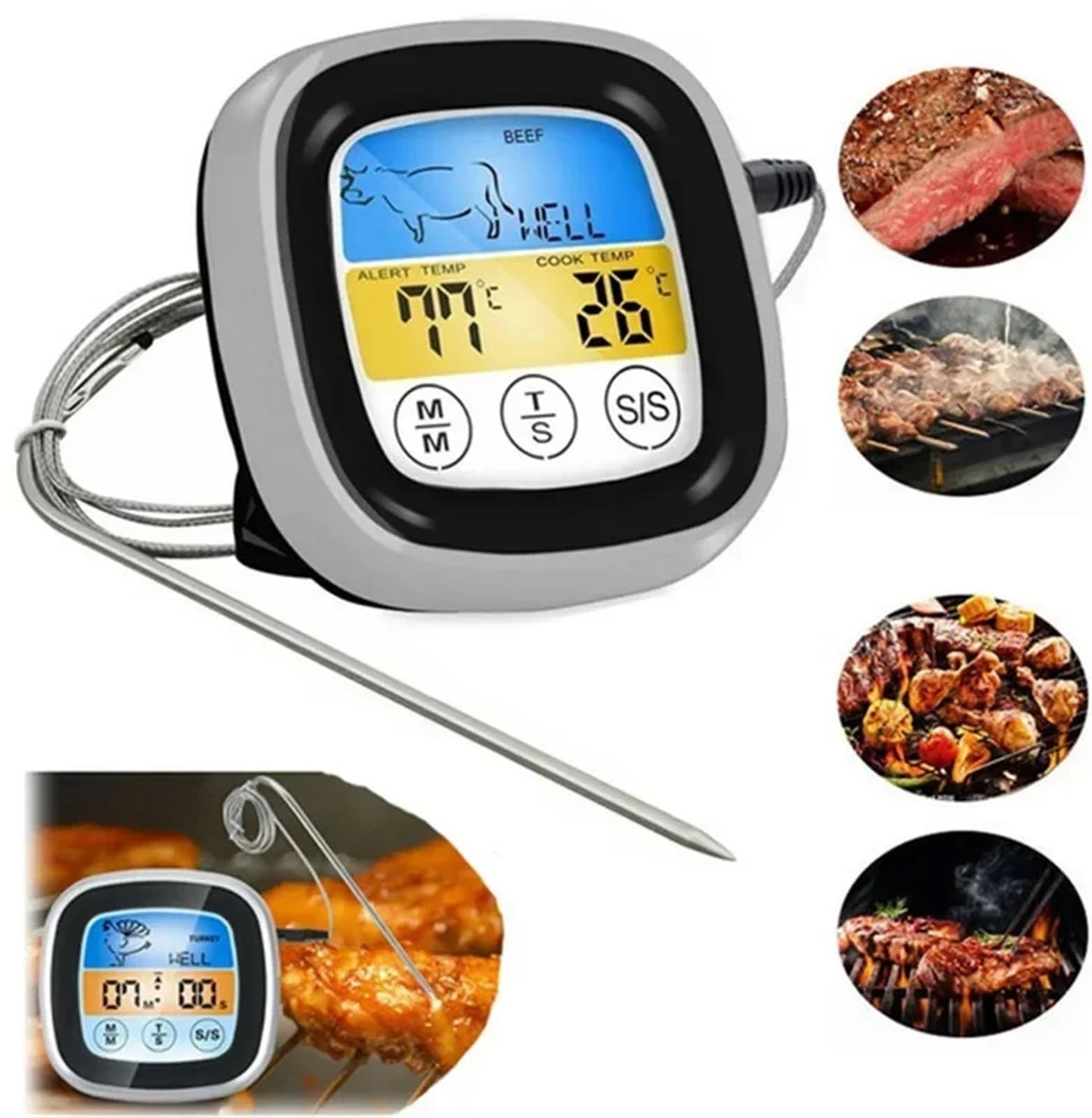 Digital Meat Thermometer for Oven Remote Read LCD Digital Food Thermometer Meat Probe Kitchen Cooking BBQ(Red)