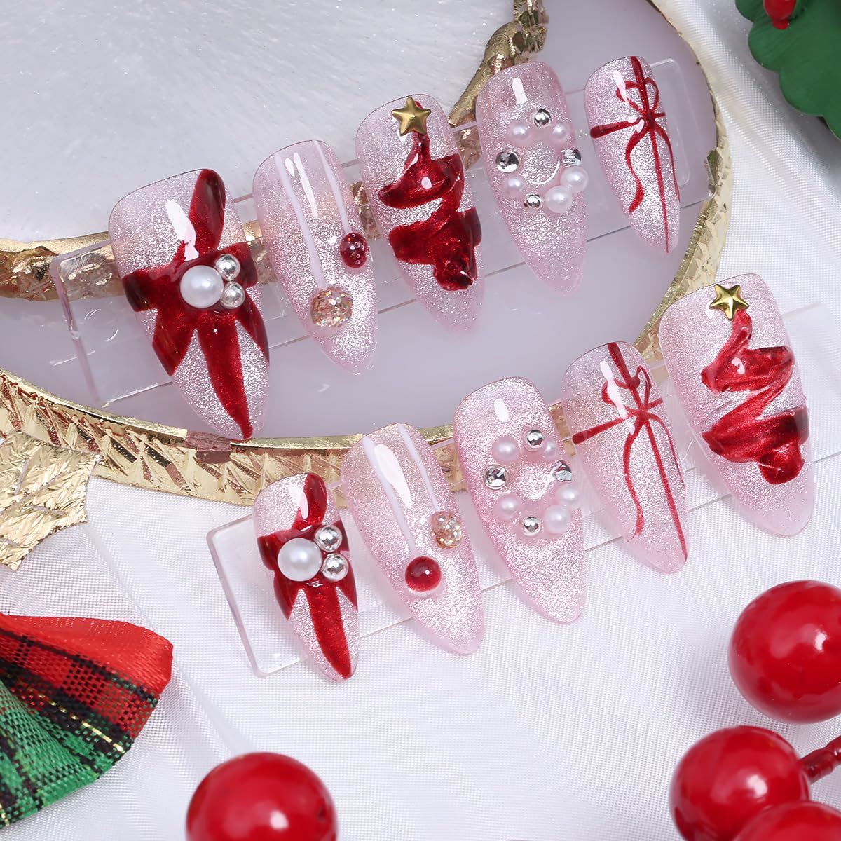 10Pcs Christmas Handmade Press on Nails Medium Almond Fake Nails with Red Xmas Trees Bow Design 3D Star Pearl False Nails Full Cover Artificial Glue on Nails Winter Santa Stick on Nail for Women DIY