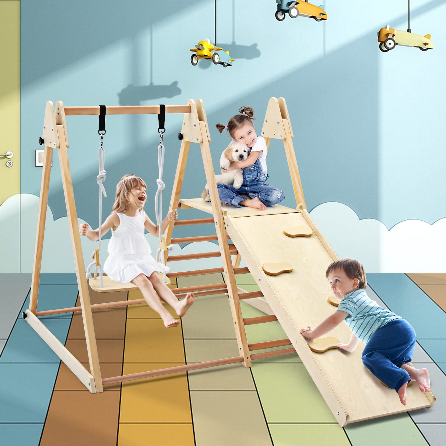 OLAKIDS Indoor Jungle Gym 4 in 1 Foldable Toddler Wooden Montessori Baby Climbing Toys with Swing Slide Ramp Ladder for Kids Playground Climb Activity Play Structure