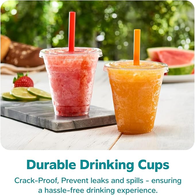 GUSTO [12 oz. - 100 Count Clear Cups with Flat Lids & Straws - Disposable Clear Drinking Cups for Iced Coffee, Cold Drinks, Milkshakes, and Smoothies - Formerly Comfy Package