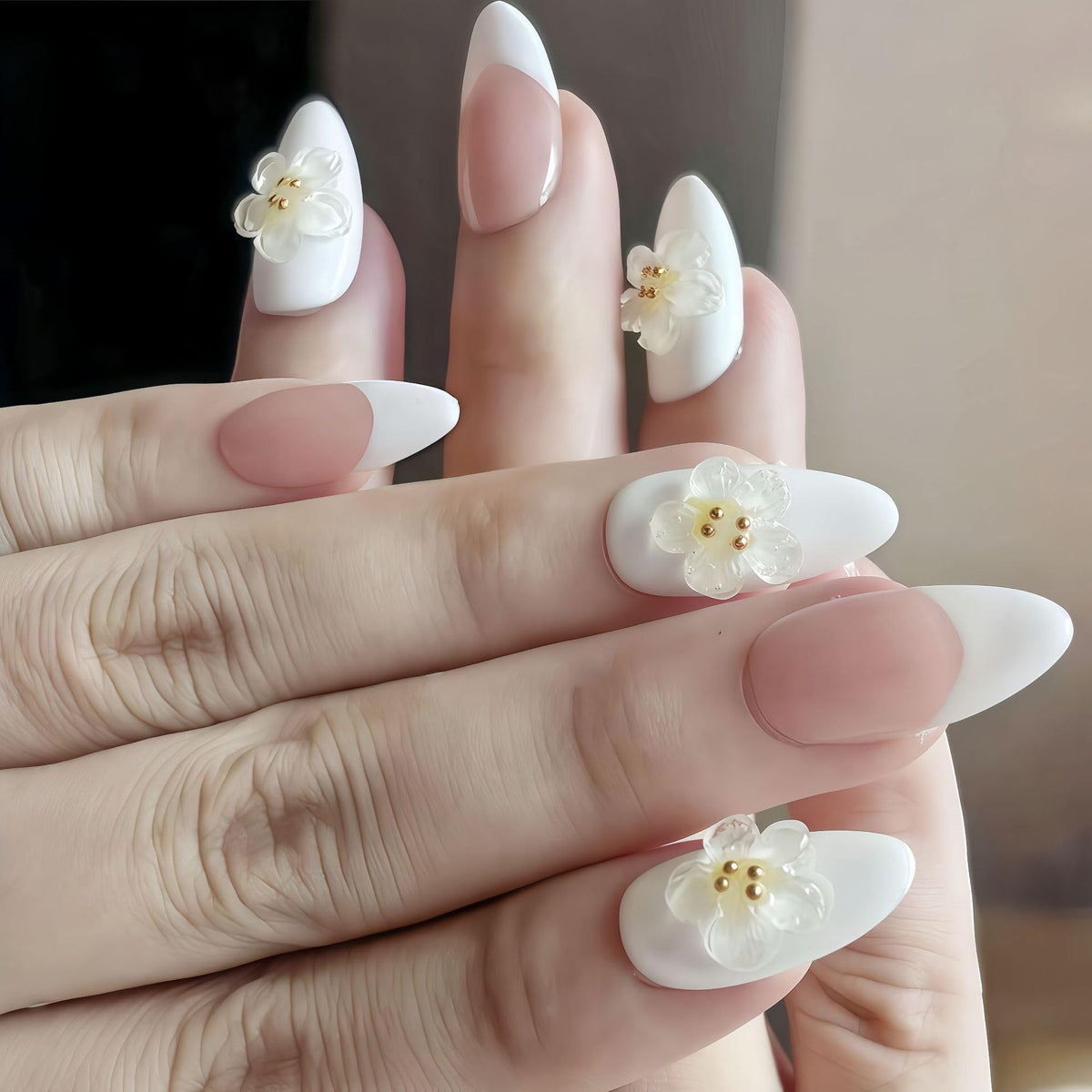 Handmade Press on Nails Medium Almond Fake Nails Press Ons White 3D Luxury Elegant Flower Full Cover Stick on Nails Glue on Nails for Women Girls Manicure (Clear White S)