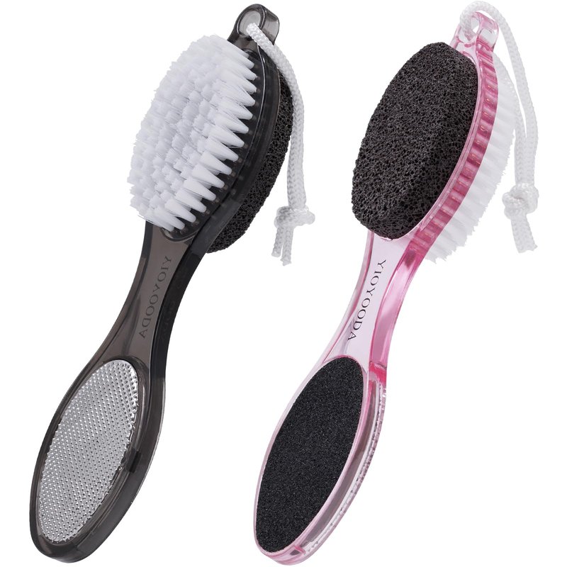 YIOYOODA Foot Brush and Pumice Stone for Feet, 4-in-1 Foot File Callus Remover, Feet Scrubber Brush, Rasp and Sand Paper Pedicure Tools, Multi Purpose for Home Foot Care, 2 Pcs, Clear Black and Pink