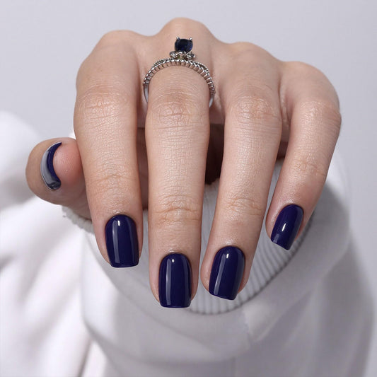 Electric Navy Blue Press On Nails Square - GJZEZ Soft Gel Short Glossy Fake Nail Press Ons with Glue for Women, Natural Opaque Reusable Glue On Nails in 16 Sizes - 32 PCS Stick On Nail, Indigo