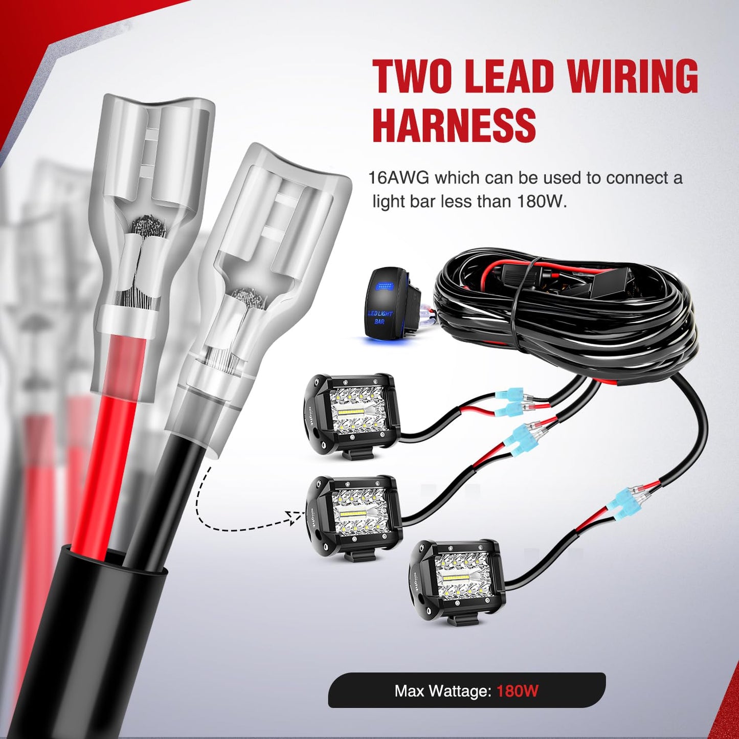 Nilight 16AWG LED Light Bar Wiring Harness Kit 12V On Off 5Pin Rocker Switch Laser Waterproof Toggle Power Relay Blade Fuse for Cars Boat ATV Trucks - 3 Leads Bule