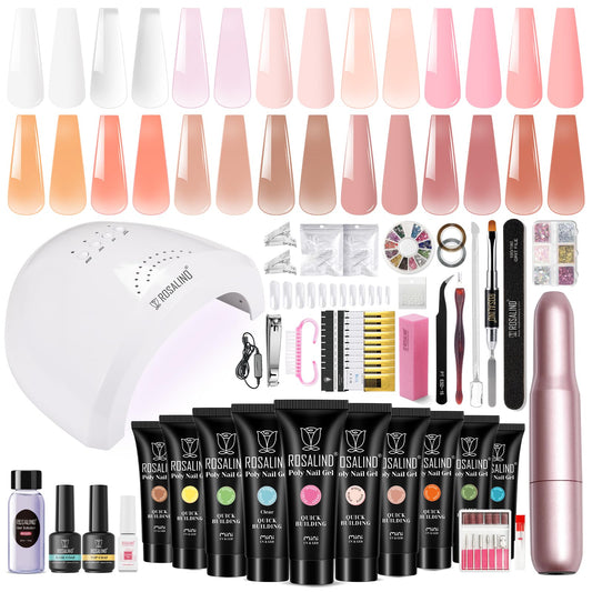 Poly Nail Gel Starter Kit with Drill -14 Colors + 75 Nails Art Accessories Kits, ROSALIND Nue Clear Poly Extension Gel with Big UV Light 48W and Electric Nail Drill Starter Kit with Everything