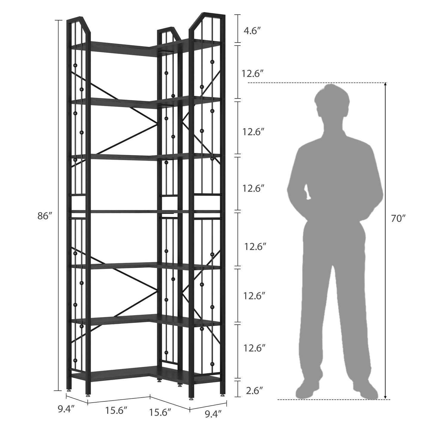 GarveeHome Corner Bookshelf 86" l Shaped Bookcase, Corner Bookshelves Black Bookcase 7 Tier l-Shape Bookshelf, Large Bookcases with Beaded Design Tall Display Rack Shelf for Living Room Bedroom