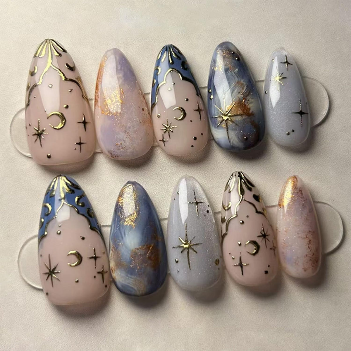 24Pcs Almond Press on Nails Medium Fake Nails with Gold 3D Star Moon Design French Tip Glue on Nail Full Cover Glossy False Nail Reusable Acrylic Artificial Fingernails for Women Manicure Decoration