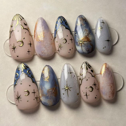 24Pcs Almond Press on Nails Medium Fake Nails with Gold 3D Star Moon Design French Tip Glue on Nail Full Cover Glossy False Nail Reusable Acrylic Artificial Fingernails for Women Manicure Decoration