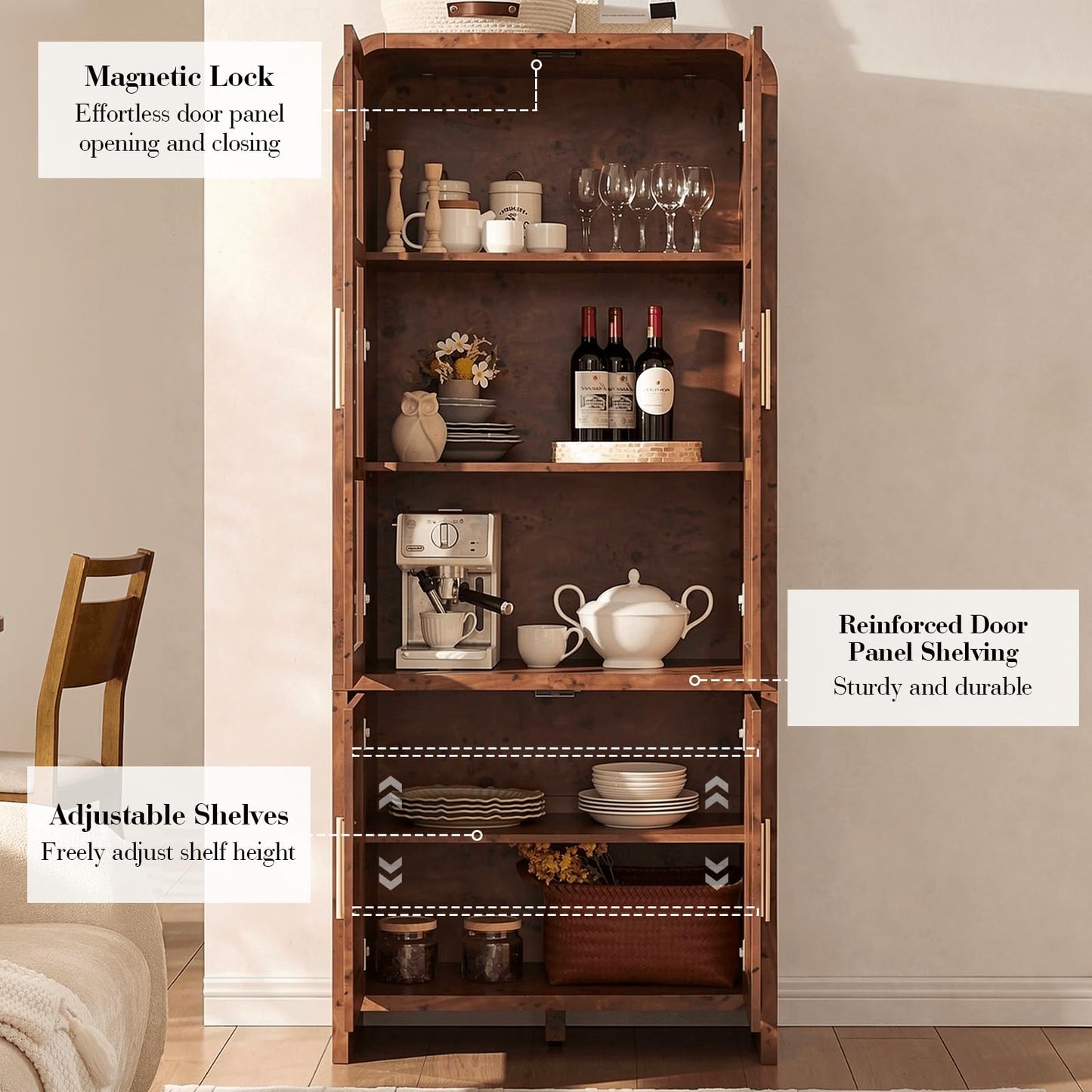 EliteSet 77" Tall Kitchen Pantry Cabinets, Wooden Curved Storage Cabinets with 2 Adjustable Shelves, 1.18'' Panel Freestanding Cupboard for Dining Room, Living Room, Bathroom, Dark Burl, 1Pcs