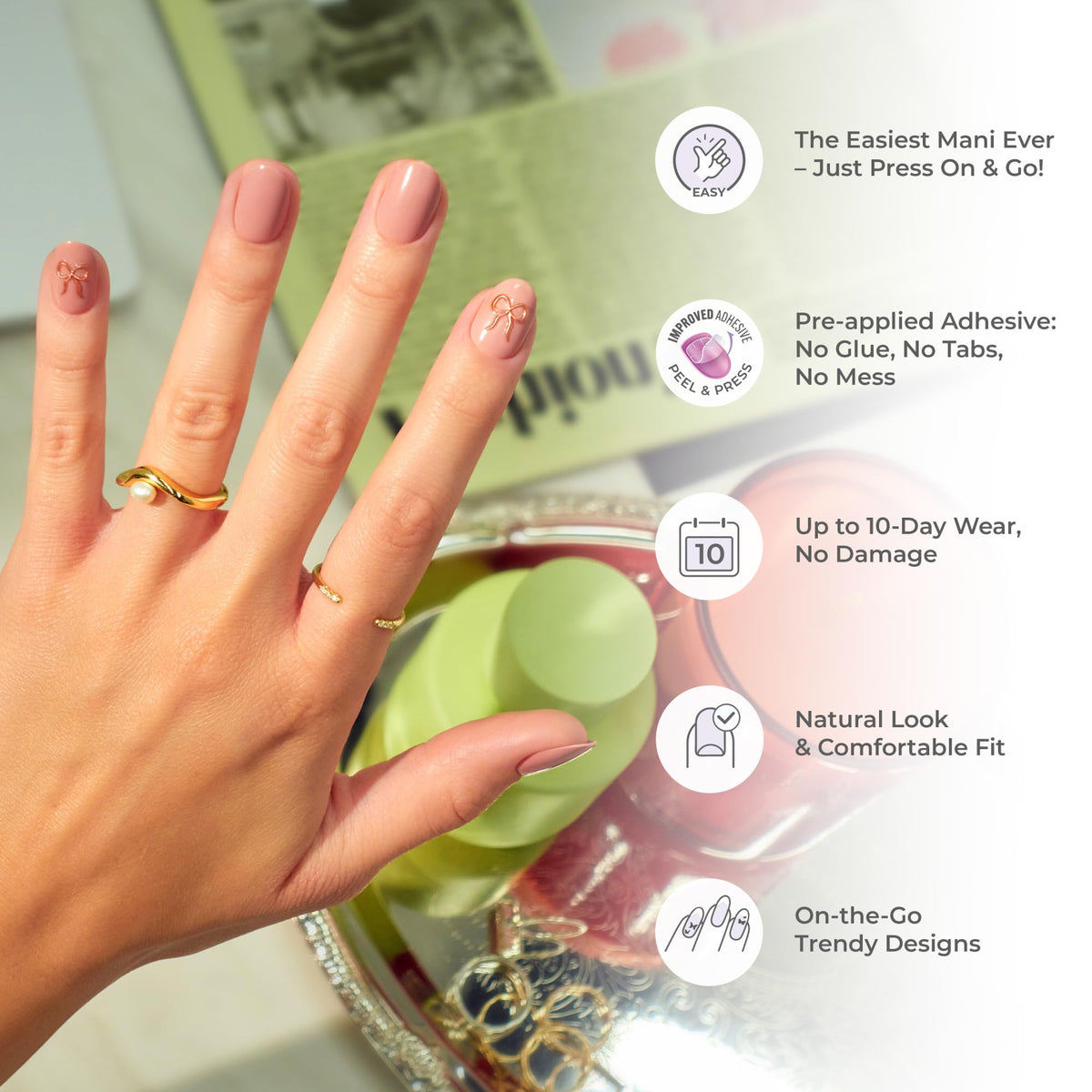 Kiss Impress No Glue Mani Press On Nails, Design, 'Close to you', Pink, Short Size, Oval Shape, Includes 30 Nails, Prep Pad, Instructions Sheet, 1 Manicure Stick, 1 Mini File