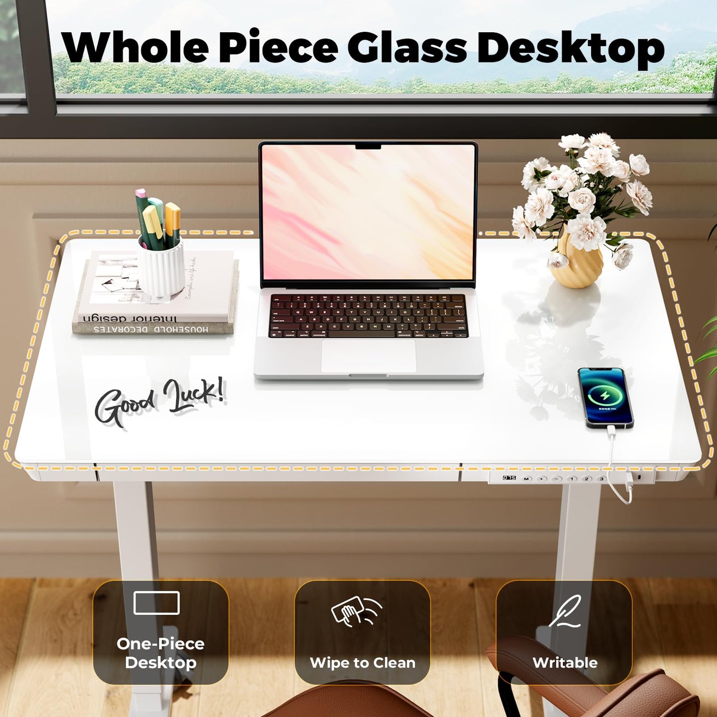 JYLH JOYSEEKER Glass Small Standing Desk with Drawer, 31.5" x 20" Whole Piece Electric Sit Stand Table, Height Adjustable Desk with Storage & USB Ports, Quick Install Home Office Computer Desk, White