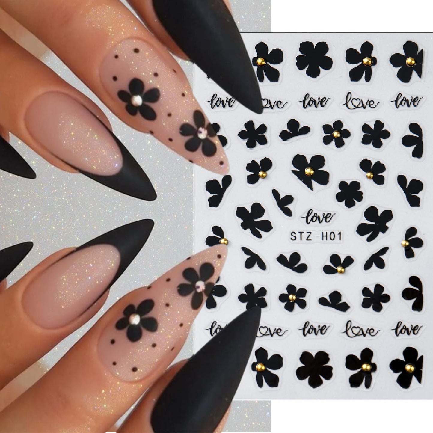 Butterfly Nail Stickers - 5D Rhinestone Butterfly Nail Decals Black Flowers with Gold Pearls Nail Designs Self-Adhesive Nail Art Supplies Women's Nail Art