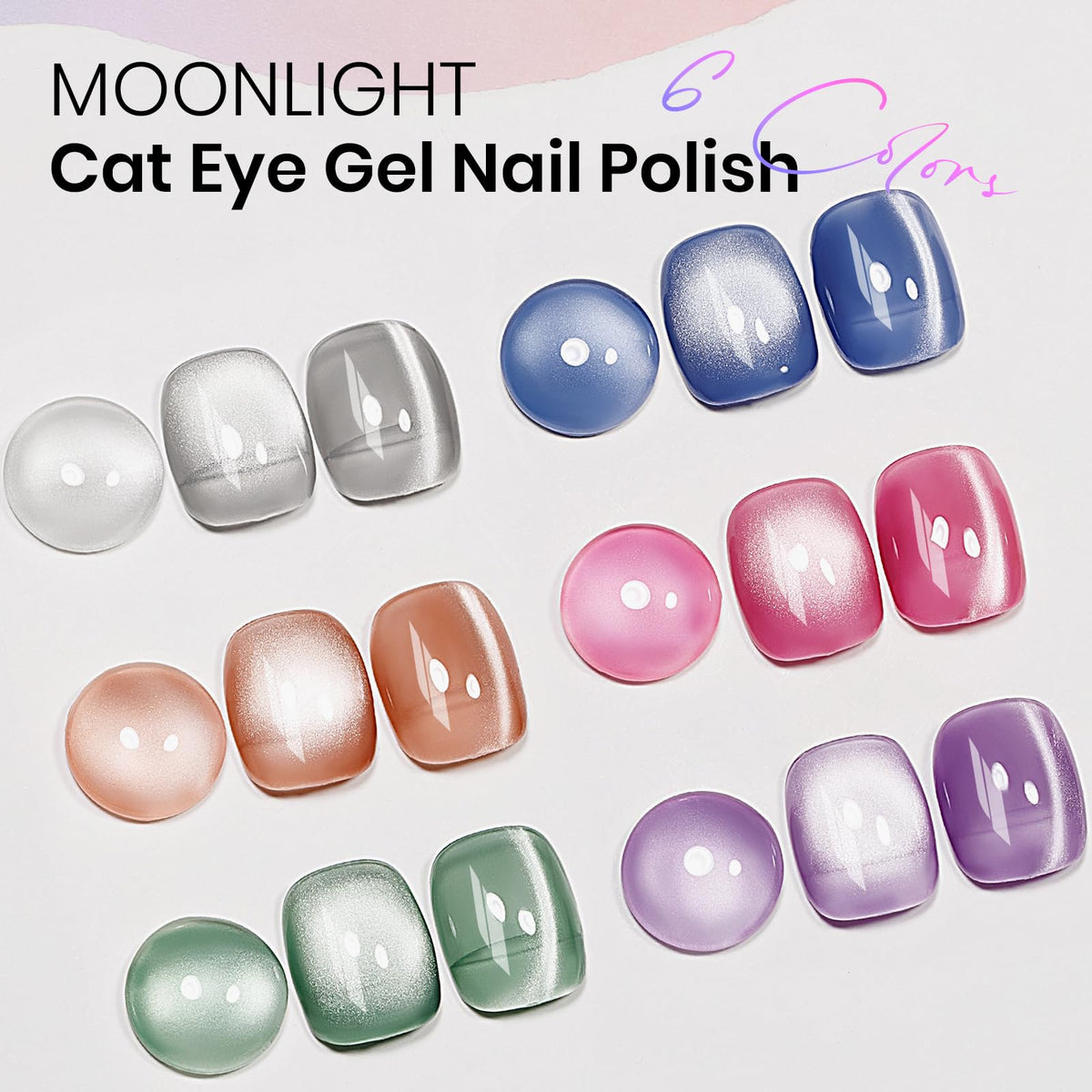 MIZHSE Cat Eye Gel Nail Polish, Moonlight 6 Colors Ceramic Magnetic Gel Polish Set with Magnet Stick, Crystal Silver Pink Green Blue Purple Magnetic French Nail Polish Kit Gift Set