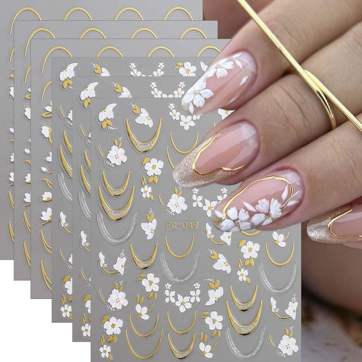 6 Sheets Flower Nail Stickers with Gold Silver Glitter Line Design Nail Decals 3D Self-Adhesive White Floral Nail Art Stickers Spring Summer Nail Decoration for Women DIY Manicure Supplies