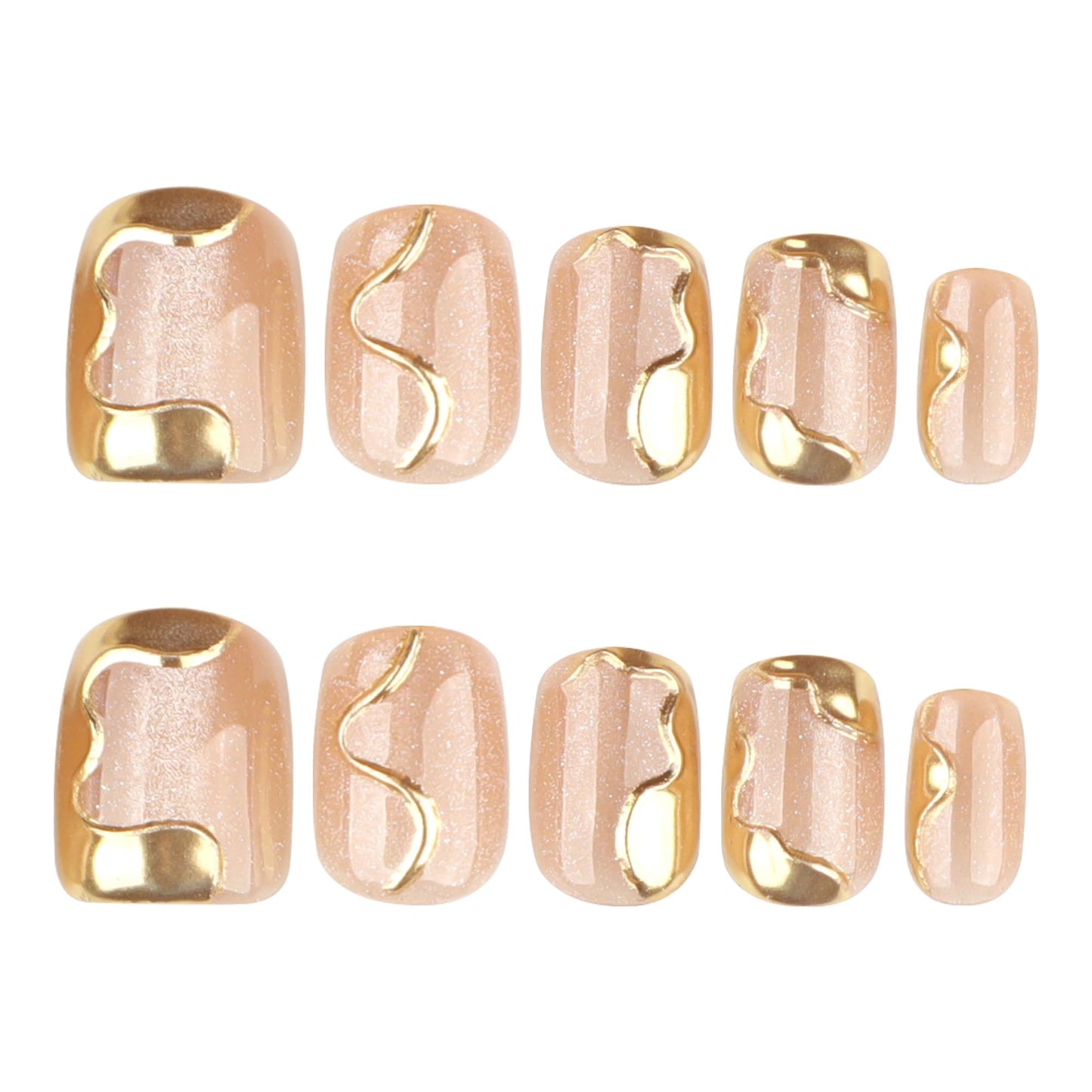 Glossy Nude Gold Swirl Press on Nails Short, Shimmer French False Nails with Metallic Wave Design, Elegant Cat Eye Nude for Women, Salon Style Reusable Acrylic Nails 24PCS
